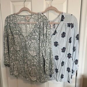 St. John's Bay Green Floral and Blue Striped Blouses XL EUC